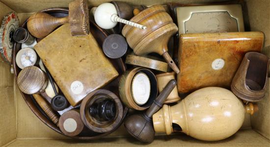 A group of assorted Victorian and later small and miniature treen including a gallery tray and a Chapman seal